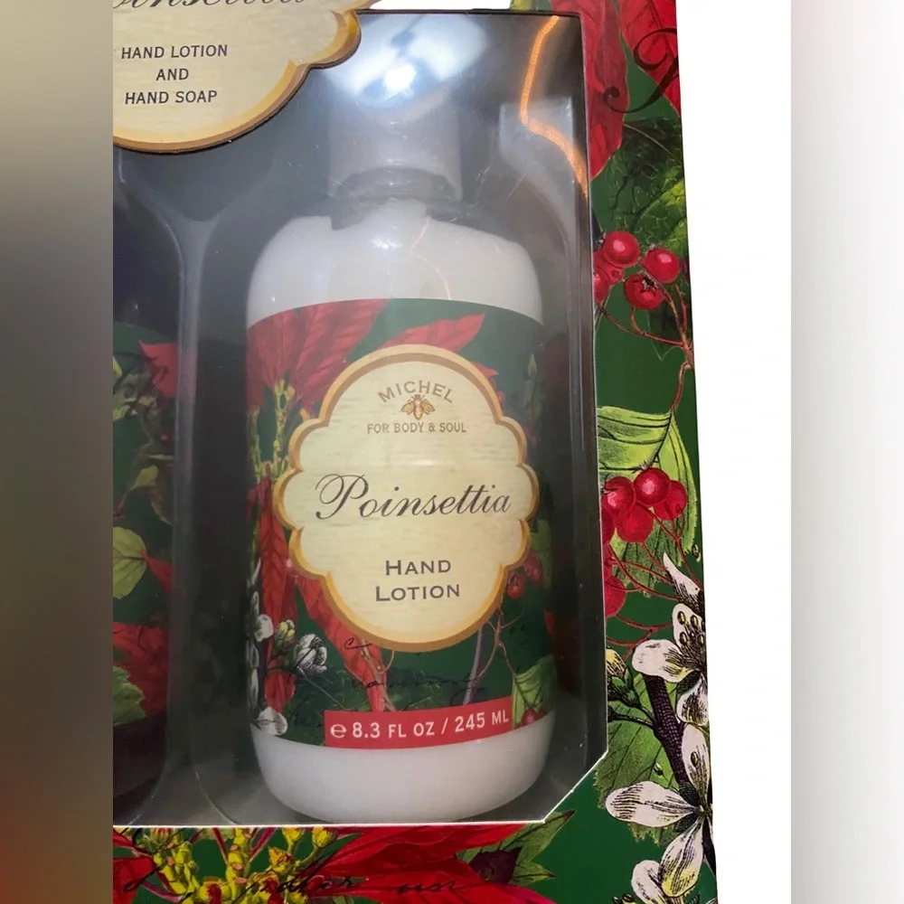 NEW 2 PC MICHEL FOR BODY & SOUL POINSETTIA HAND LOTION & HAND SOAP SET 8.3 OZ EA